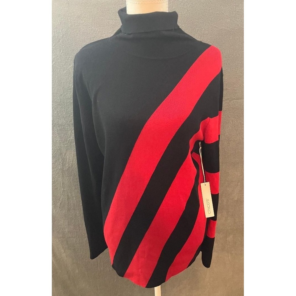 Chicos Red Black Striped Turtleneck Sweater 2/L Gold Button Lagenlook Chic Soft